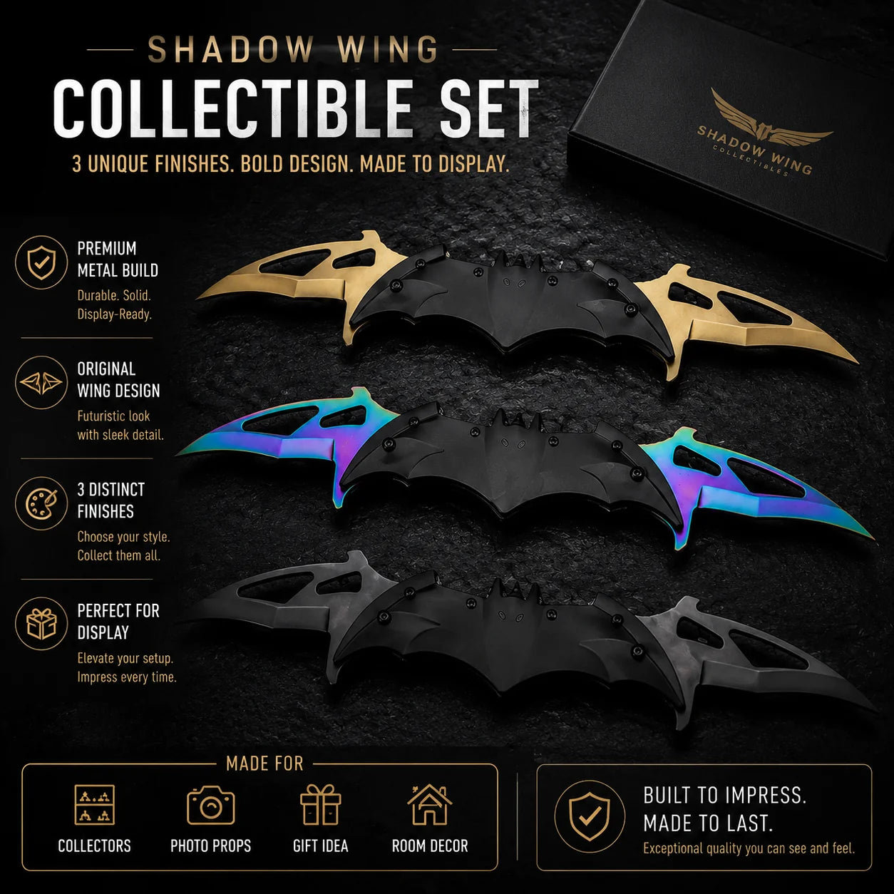 Premium Metal Nocturnal Wing Collectible Display Set, 3 Finishes