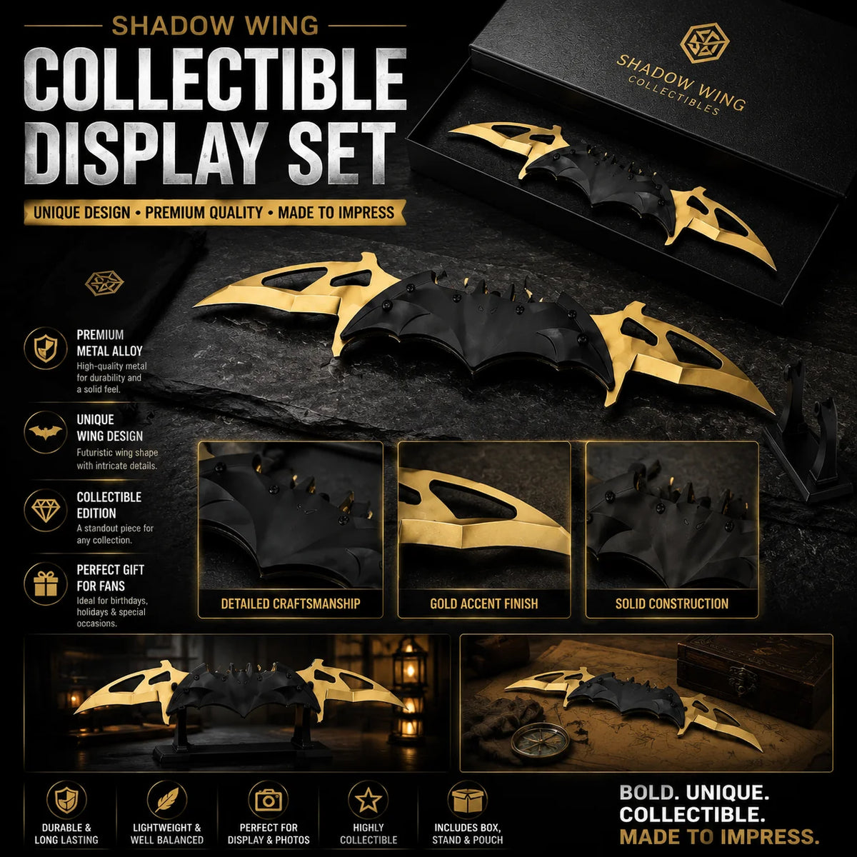 Premium Metal Nocturnal Wing Collectible Display Set, 3 Finishes