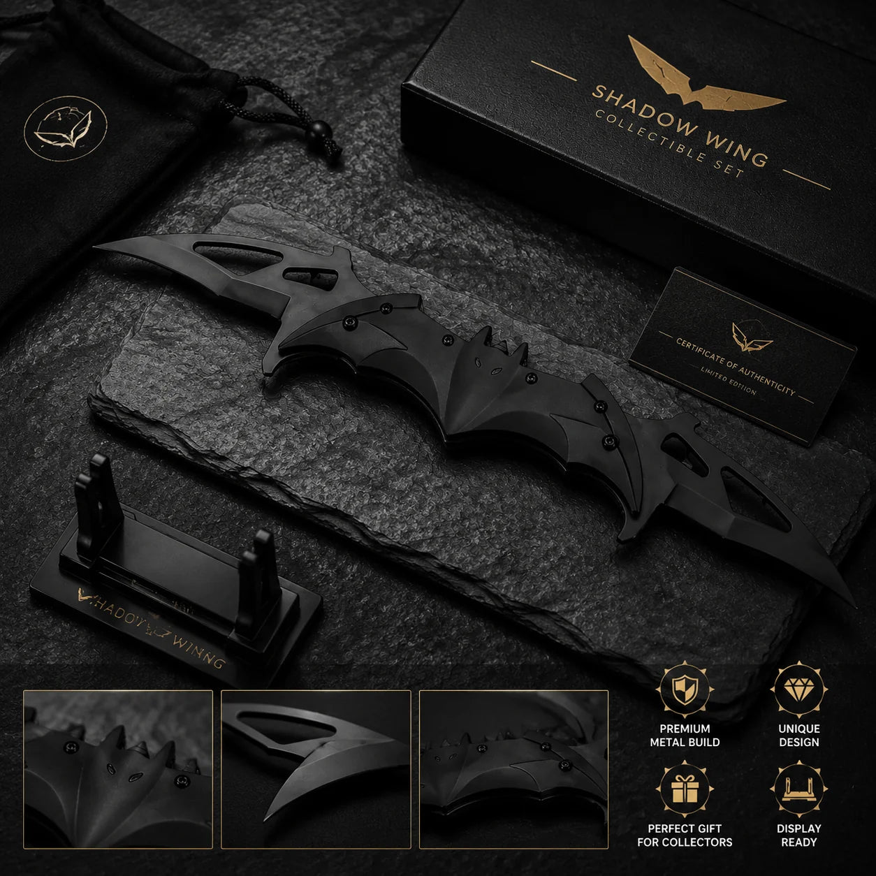 Premium Metal Nocturnal Wing Collectible Display Set, 3 Finishes