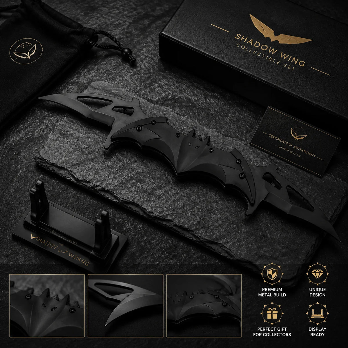 Premium Metal Nocturnal Wing Collectible Display Set, 3 Finishes