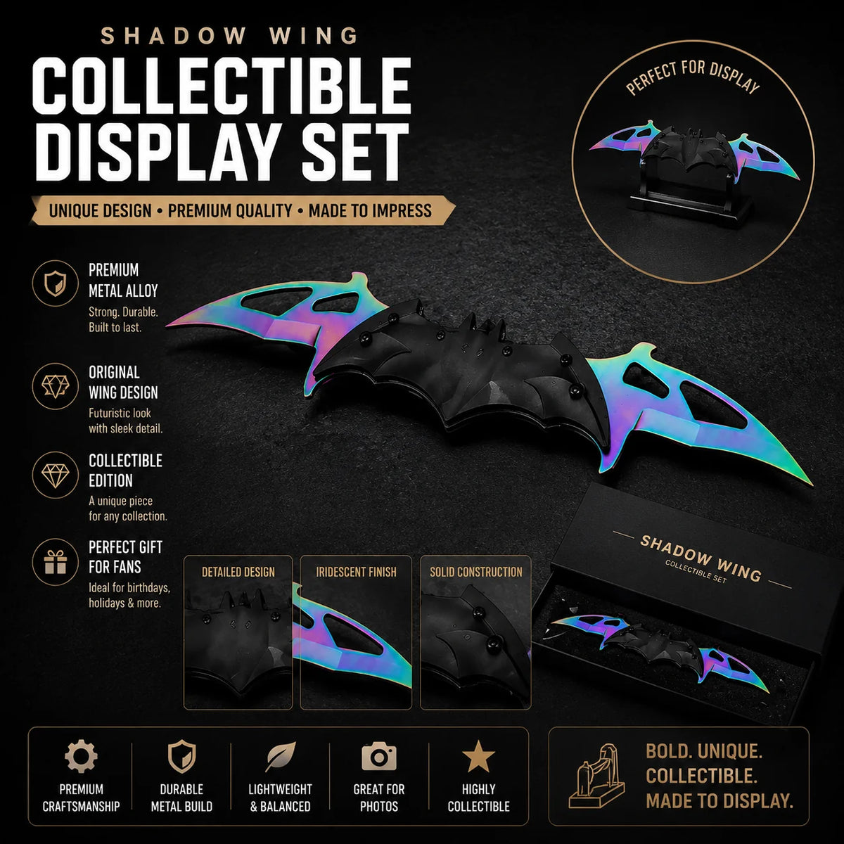 Premium Metal Nocturnal Wing Collectible Display Set, 3 Finishes