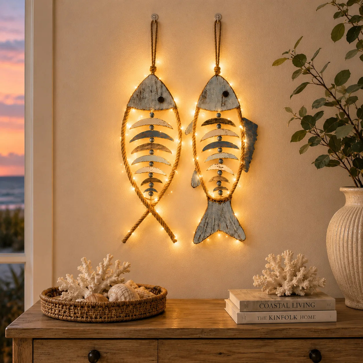 Decorative Lighted Coastal Rope Fish Wall Hanging for Focused Lighting