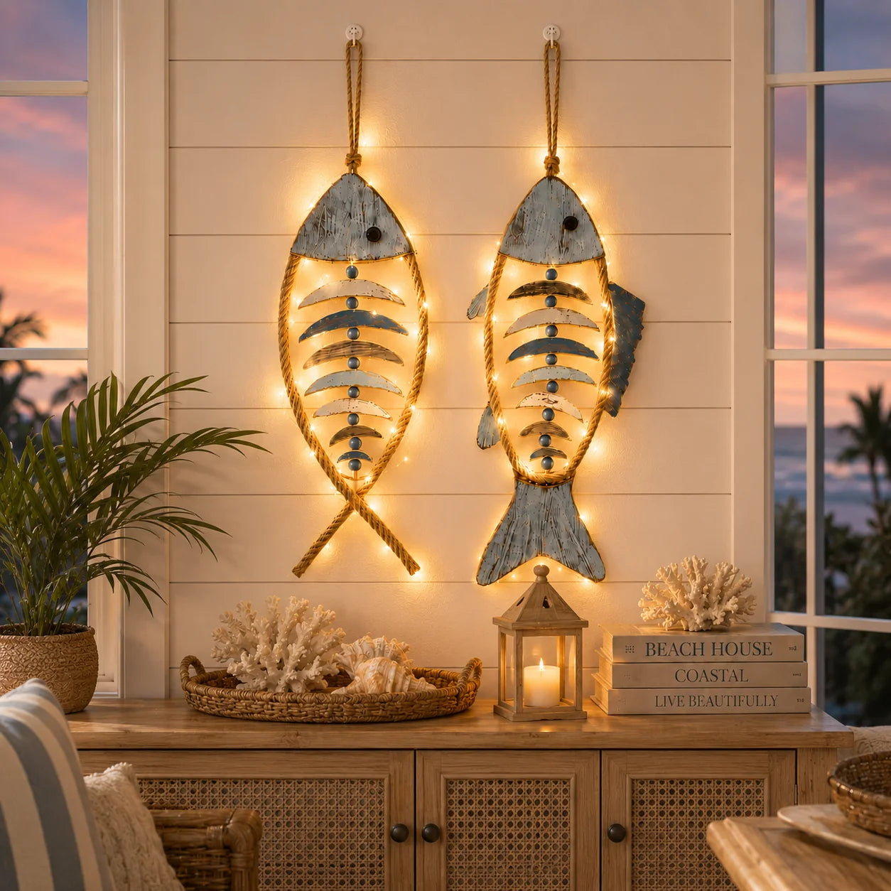 Decorative Lighted Coastal Rope Fish Wall Hanging for Focused Lighting