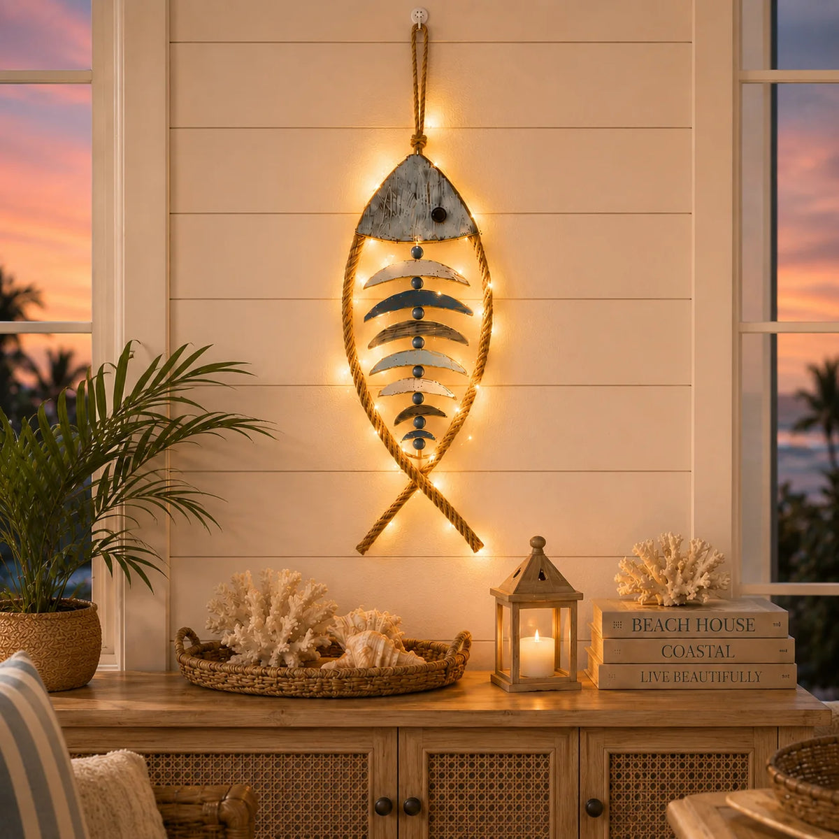Decorative Lighted Coastal Rope Fish Wall Hanging for Focused Lighting