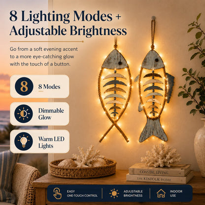 Decorative Lighted Coastal Rope Fish Wall Hanging for Focused Lighting