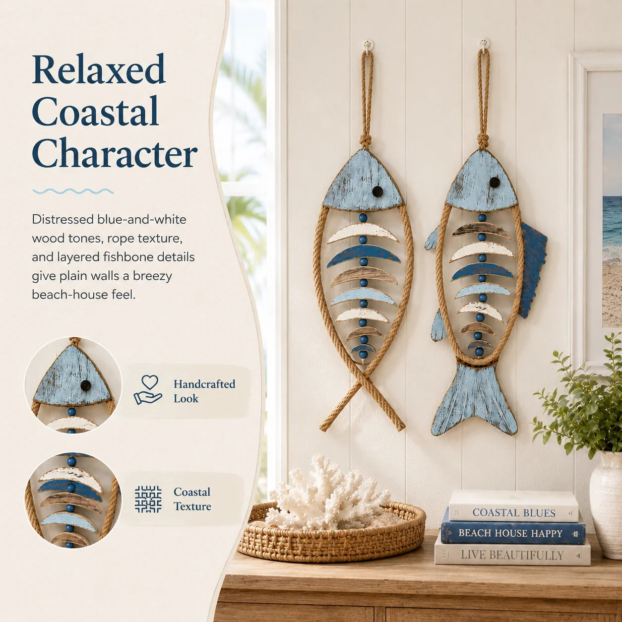 Decorative Lighted Coastal Rope Fish Wall Hanging for Focused Lighting