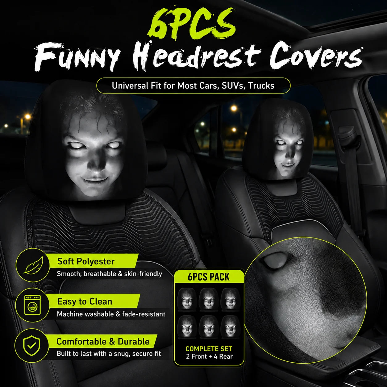 Vehicle-Ready Funny Cartoon Car Headrest Covers – 2PCS Universal