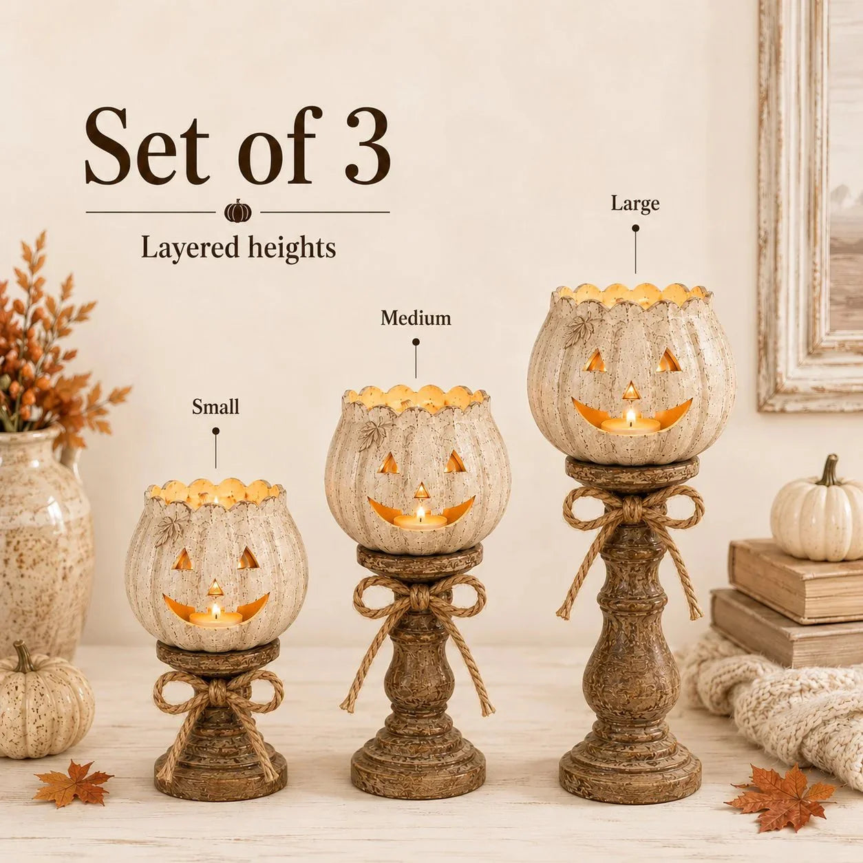 Decorative Set of 3 Rustic White Pumpkin Tealight Candle Holders