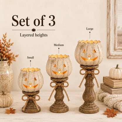 Decorative Set of 3 Rustic White Pumpkin Tealight Candle Holders