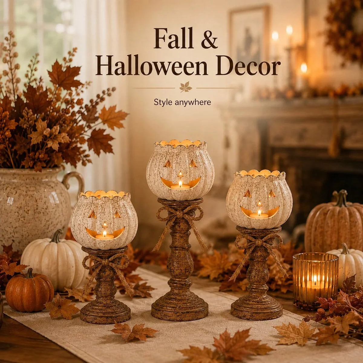 Decorative Set of 3 Rustic White Pumpkin Tealight Candle Holders