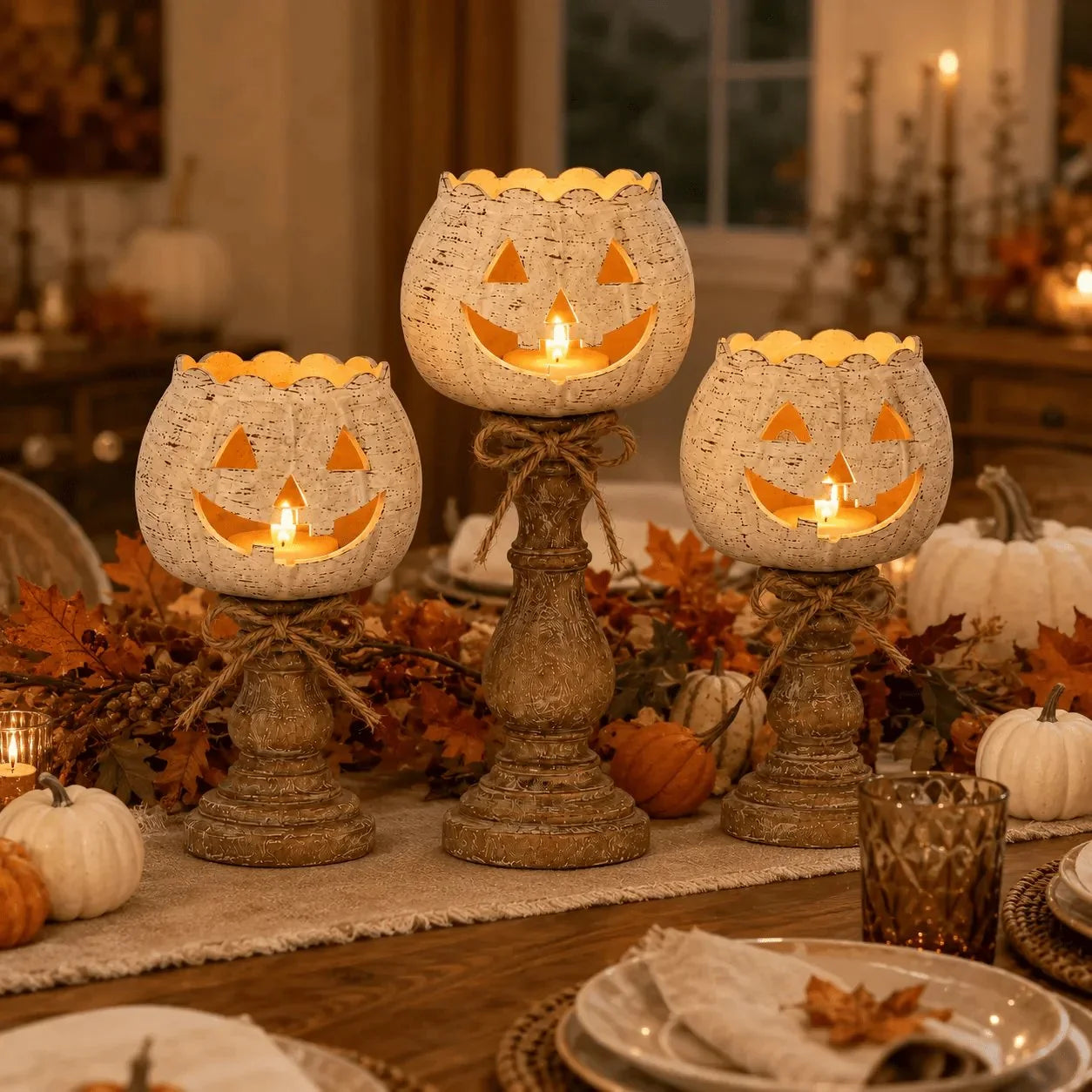 Decorative Set of 3 Rustic White Pumpkin Tealight Candle Holders
