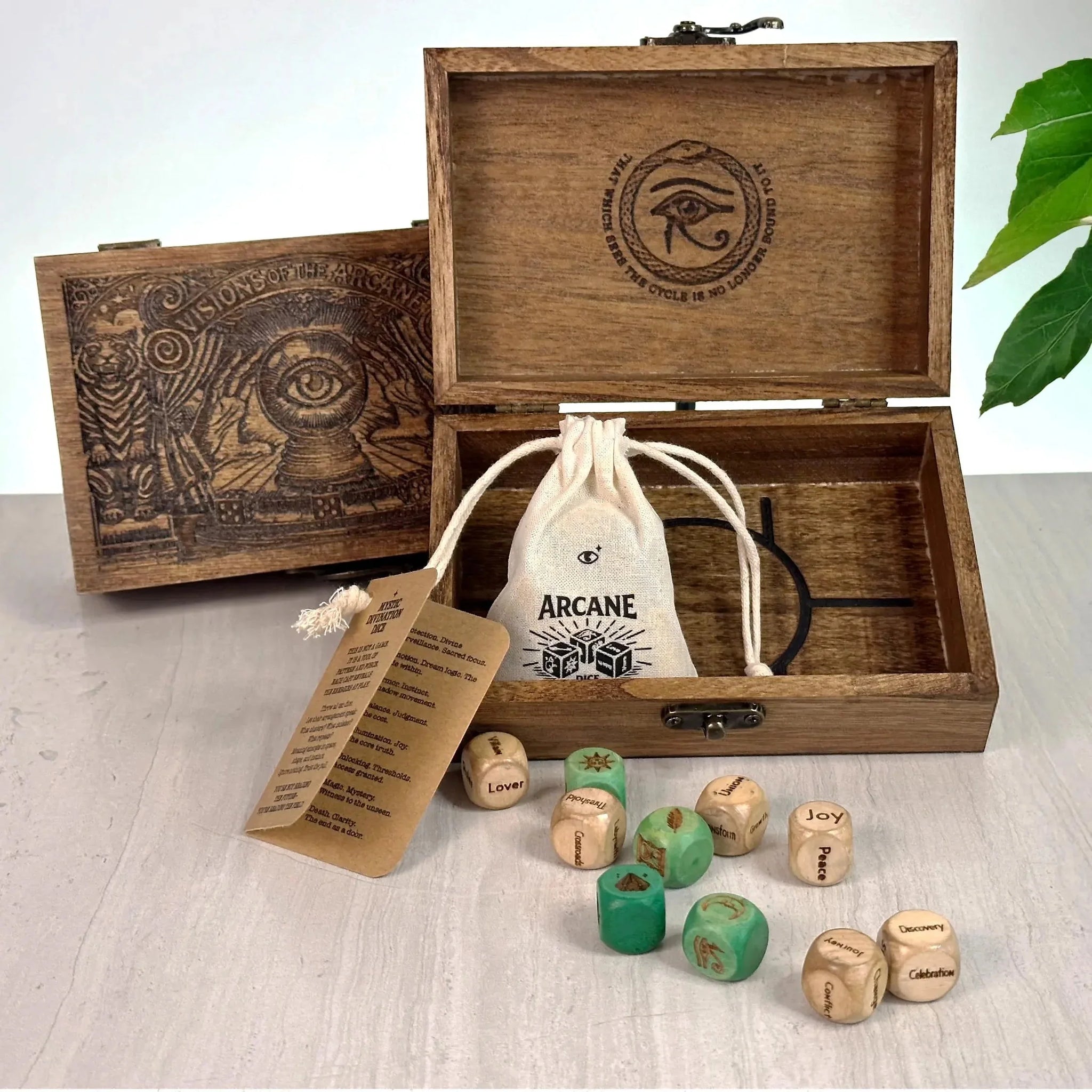 Purpose-Built Arcane Divination Dice Set – Engraved Wooden Box