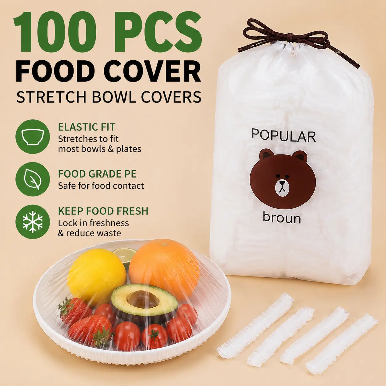 100 Stretch-On Food Covers for Plates, Bowls and Containers