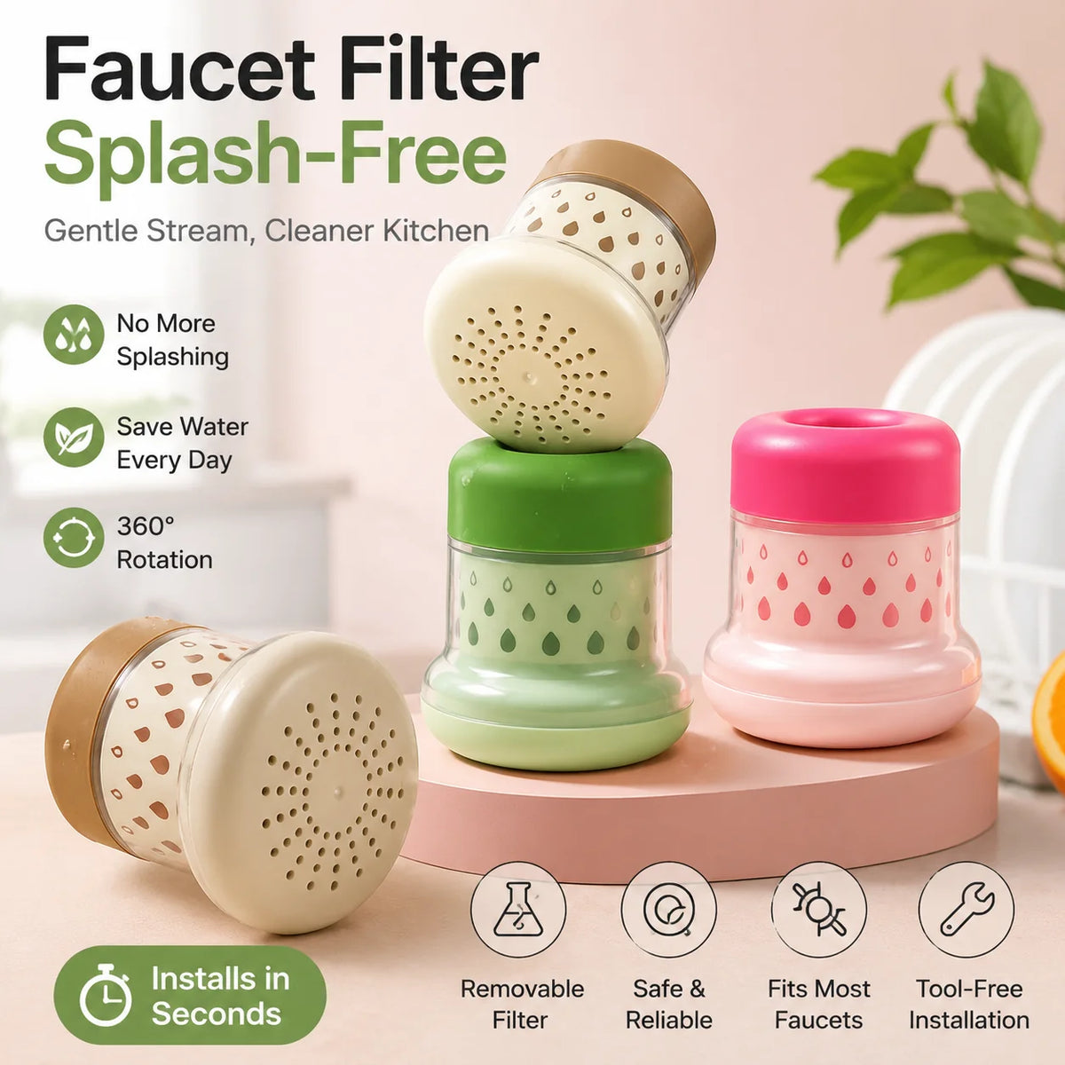 Easy-Care 2pcs -360° Splash- Faucet Filter – Save Water & Wash