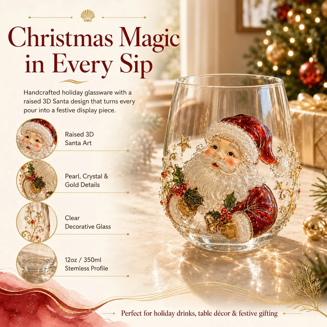 3D Raised Christmas Glass Art Cup for Holiday Drinks and Decor