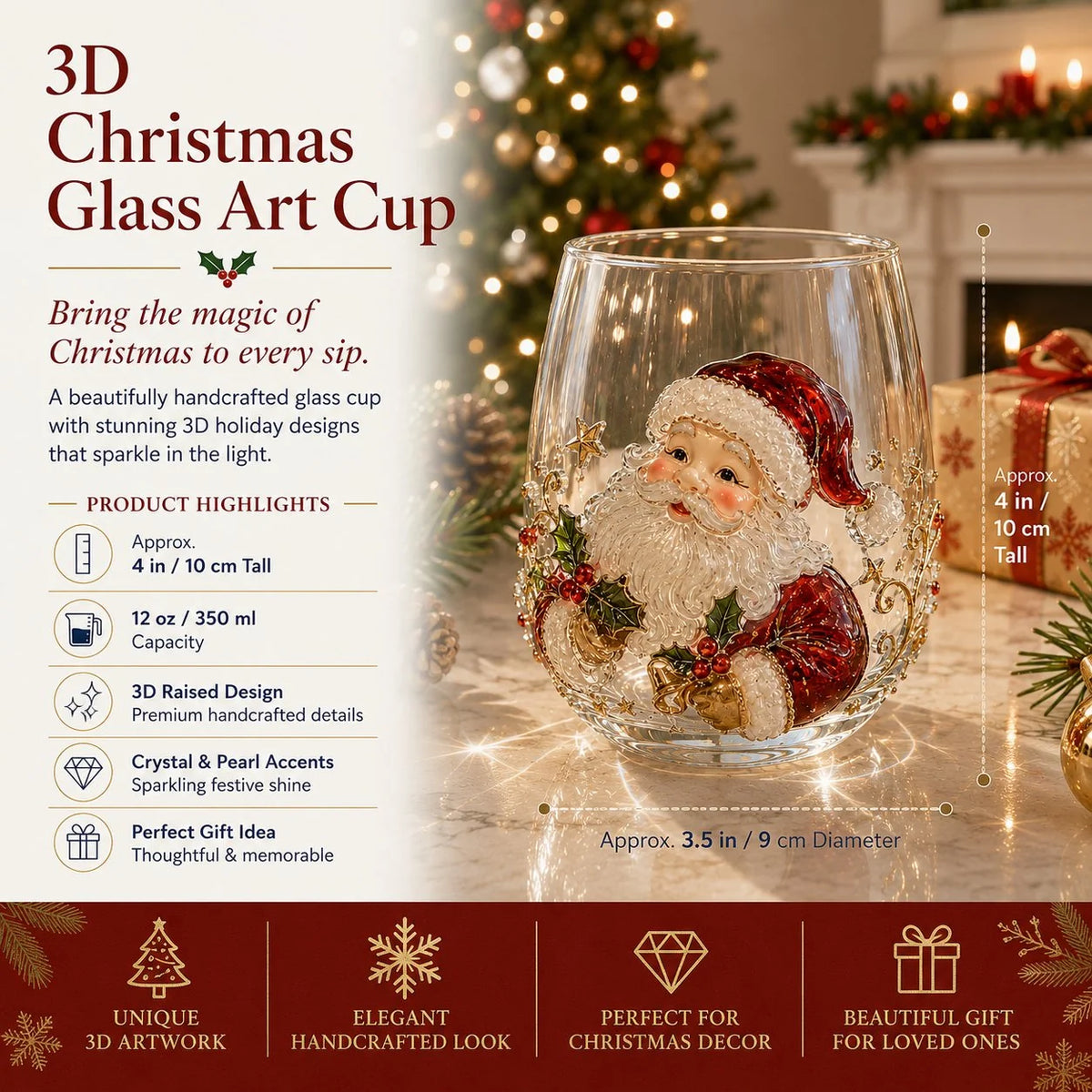 3D Raised Christmas Glass Art Cup for Holiday Drinks and Decor