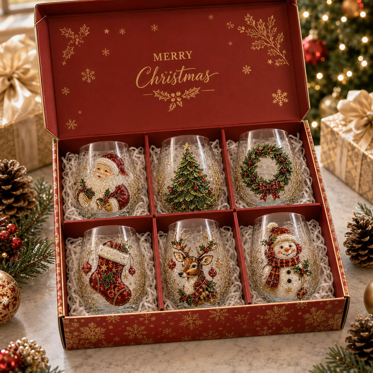 3D Raised Christmas Glass Art Cup for Holiday Drinks and Decor