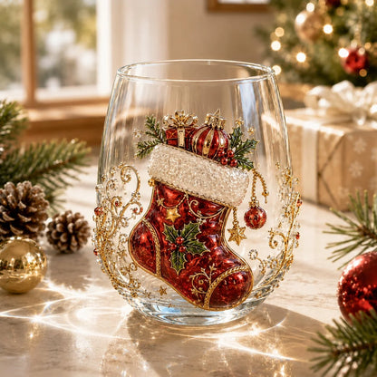 3D Raised Christmas Glass Art Cup for Holiday Drinks and Decor