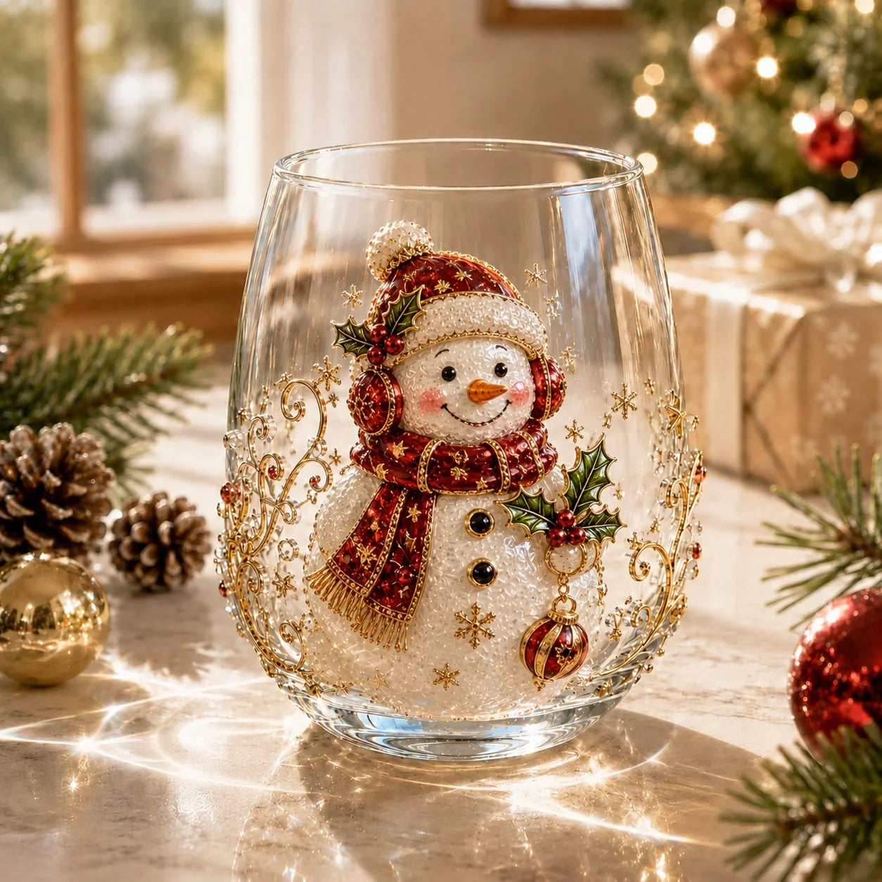 3D Raised Christmas Glass Art Cup for Holiday Drinks and Decor