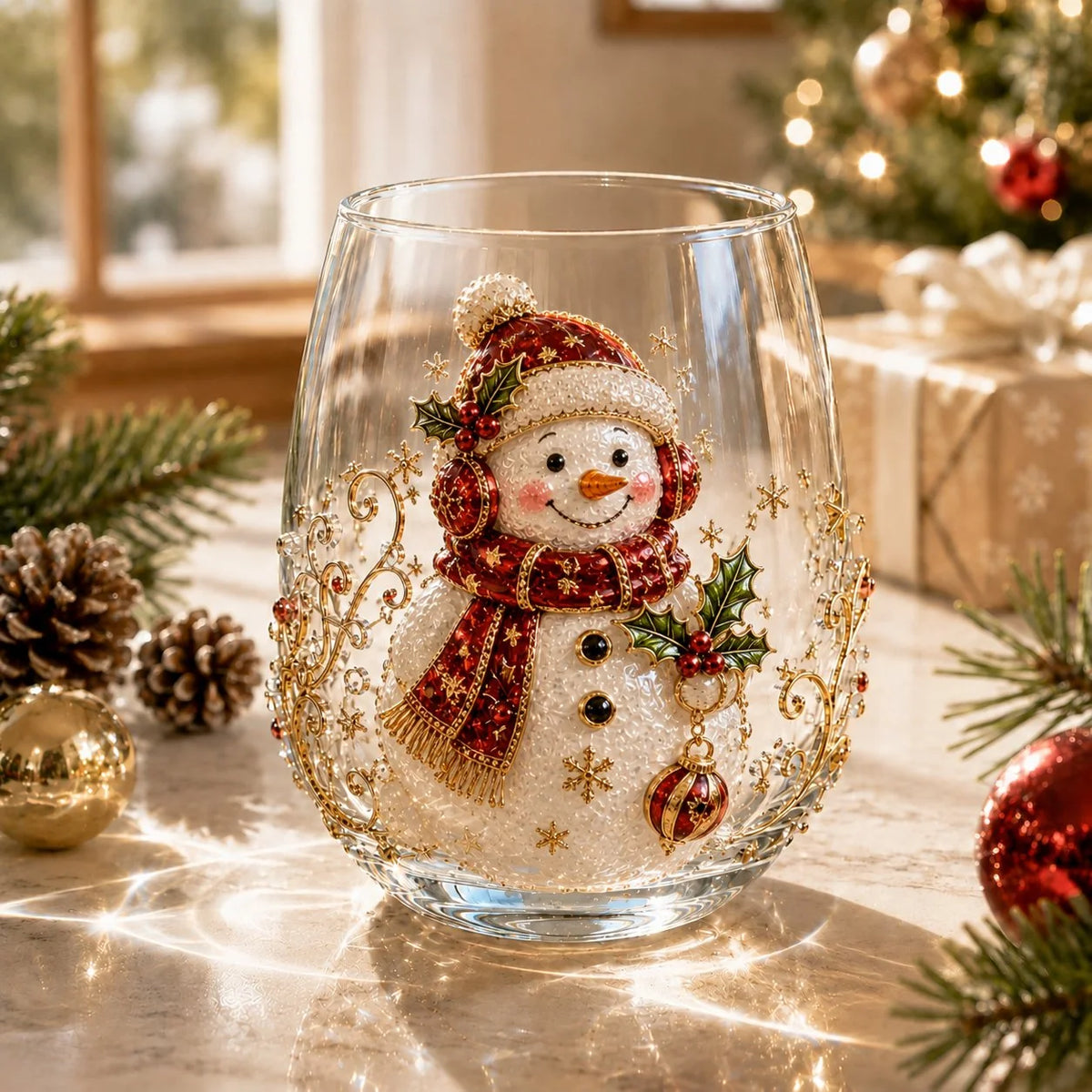 3D Raised Christmas Glass Art Cup for Holiday Drinks and Decor