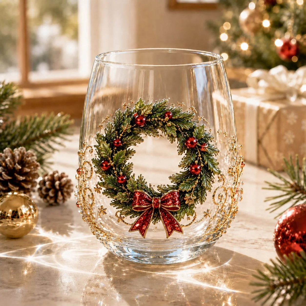 3D Raised Christmas Glass Art Cup for Holiday Drinks and Decor