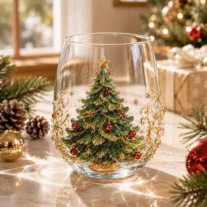 3D Raised Christmas Glass Art Cup for Holiday Drinks and Decor