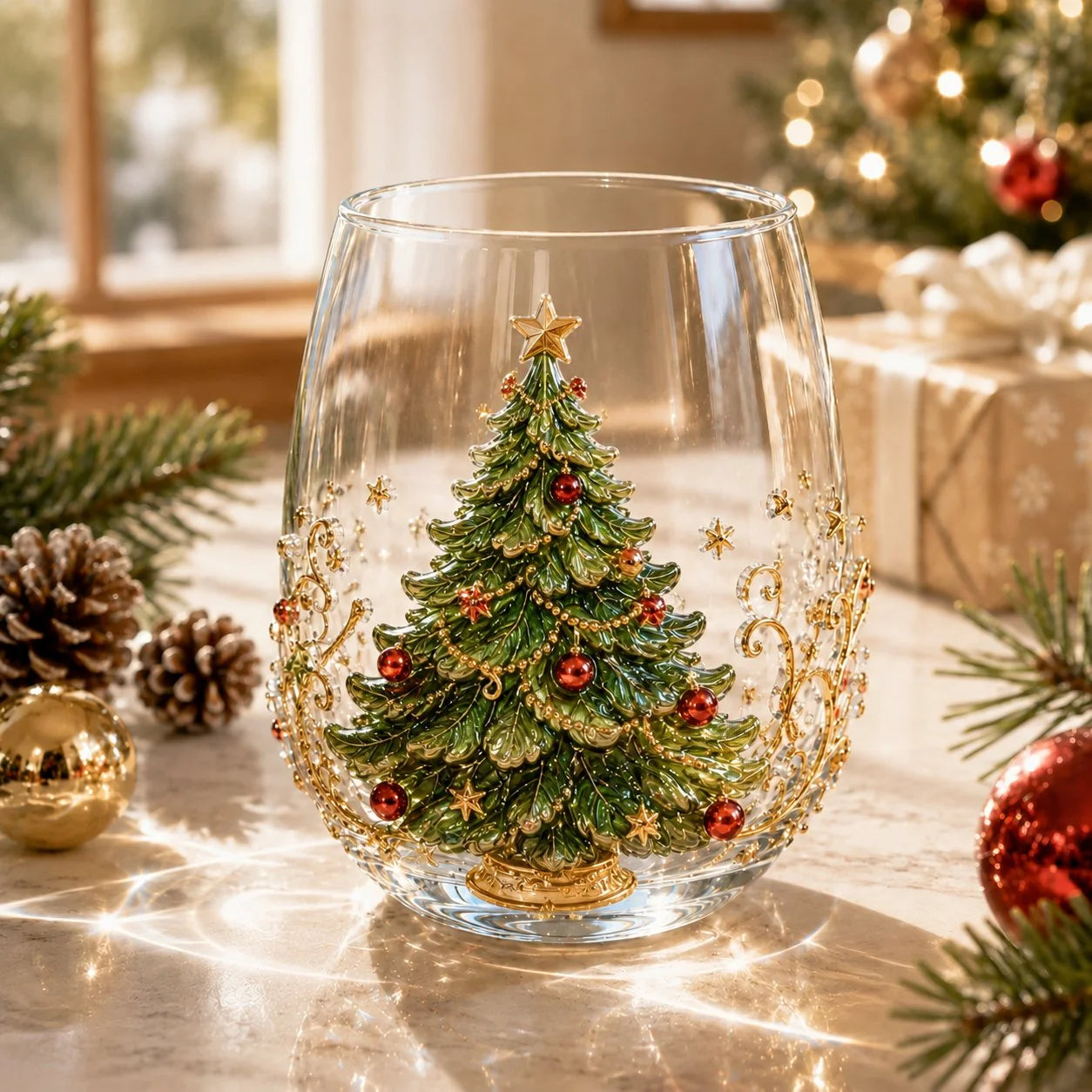 3D Raised Christmas Glass Art Cup for Holiday Drinks and Decor