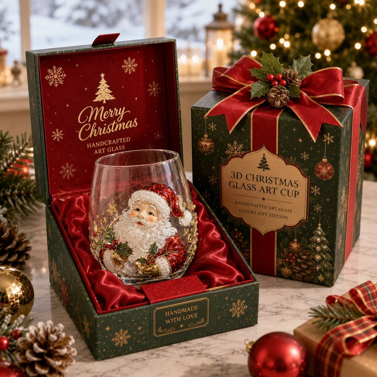 3D Raised Christmas Glass Art Cup for Holiday Drinks and Decor