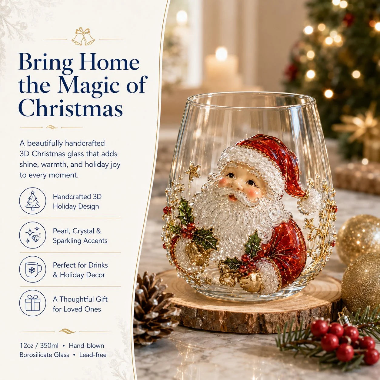 3D Raised Christmas Glass Art Cup for Holiday Drinks and Decor