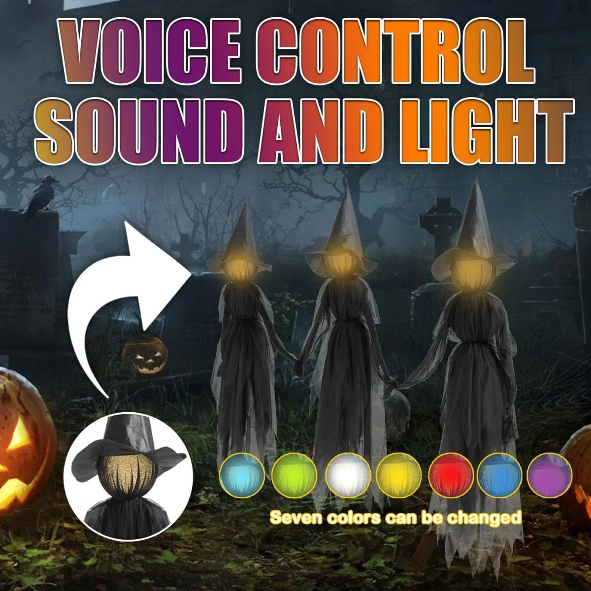 Three Sound-Activated Witches with Illuminated Joined Hands
