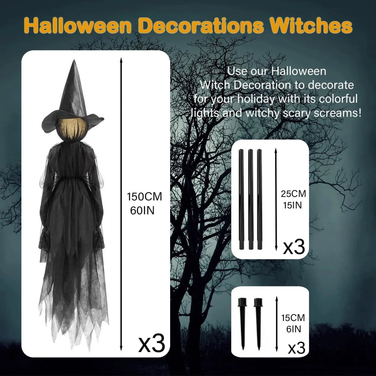 Three Sound-Activated Witches with Illuminated Joined Hands
