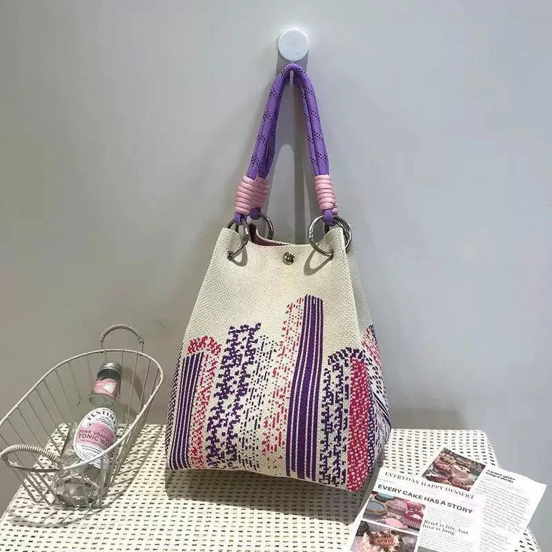 Space-Saving Boho Woven Polyester Bucket Bag for Organize – Boho Woven