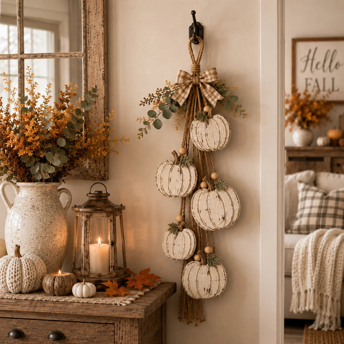 Five-Pumpkin Rustic White Hanging Swag for Fall Decor