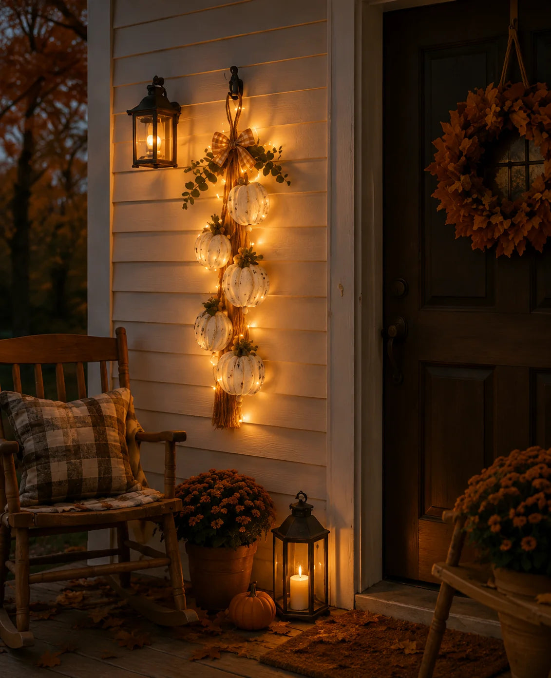 Five-Pumpkin Rustic White Hanging Swag for Fall Decor