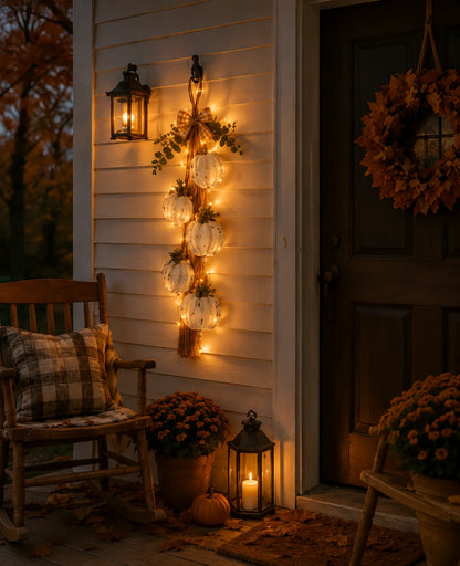 Five-Pumpkin Rustic White Hanging Swag for Fall Decor