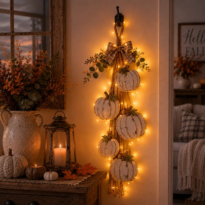 Five-Pumpkin Rustic White Hanging Swag for Fall Decor