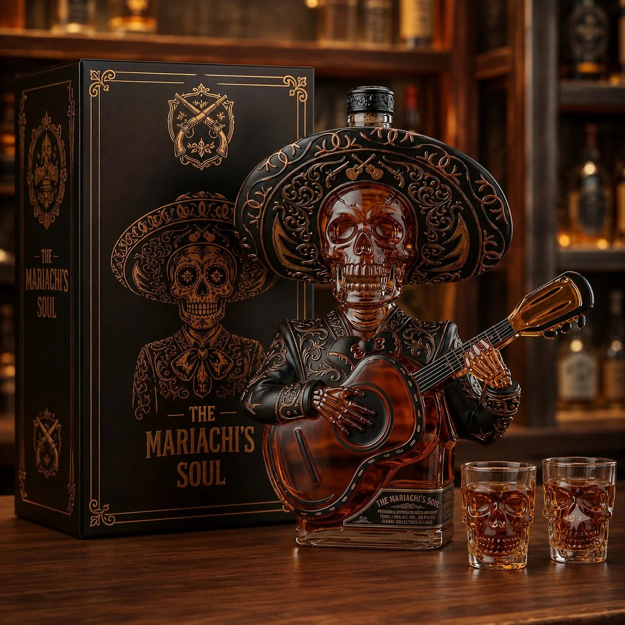 Skeleton Mariachi Spirit Decanter and Glass Display Set