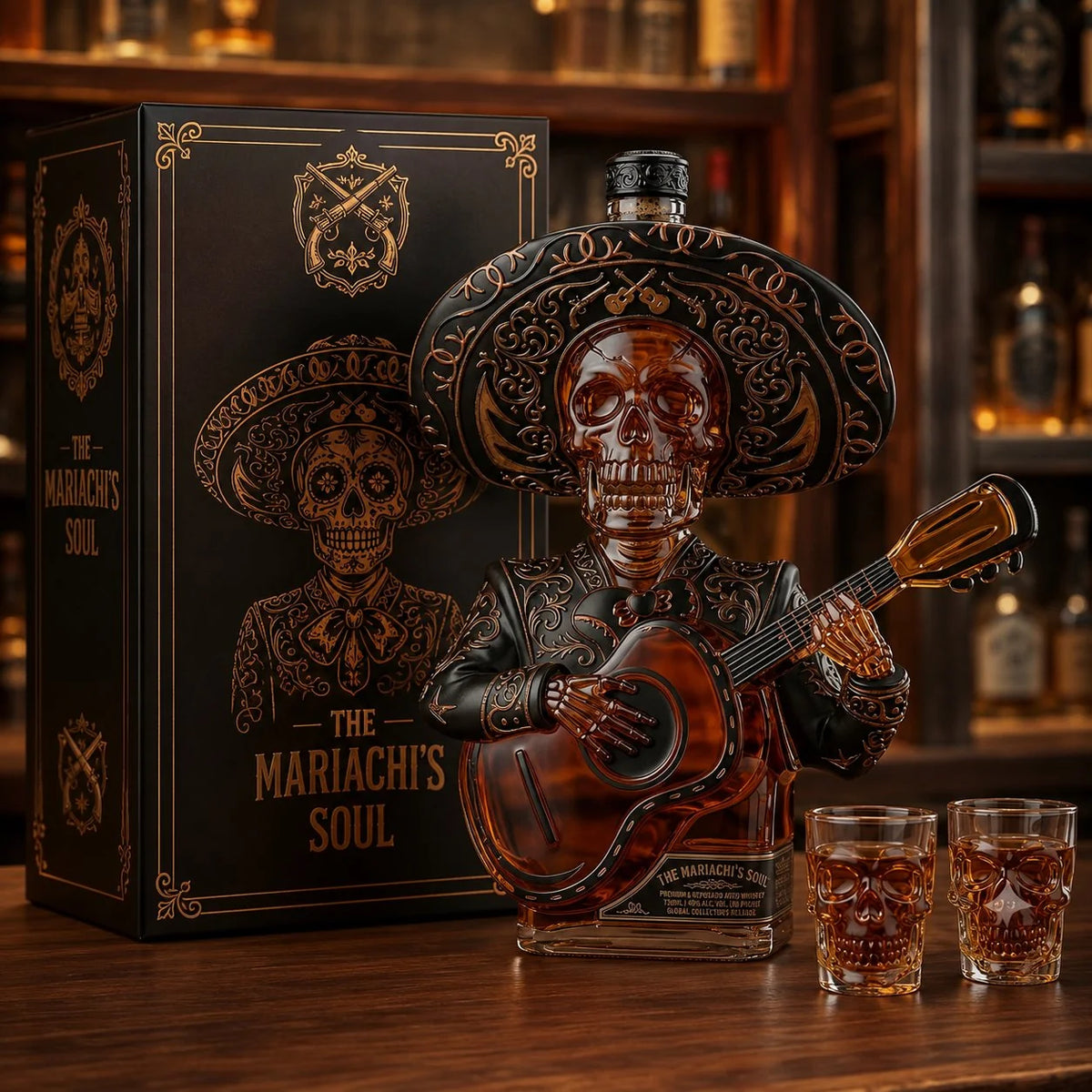Skeleton Mariachi Spirit Decanter and Glass Display Set