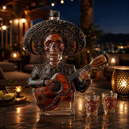 Skeleton Mariachi Spirit Decanter and Glass Display Set
