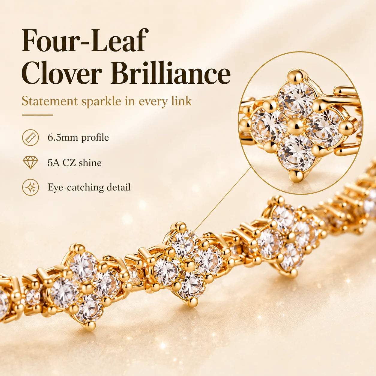 Distinctive Gold Tennis Bracelet 6.5mm – CZ Clover Design