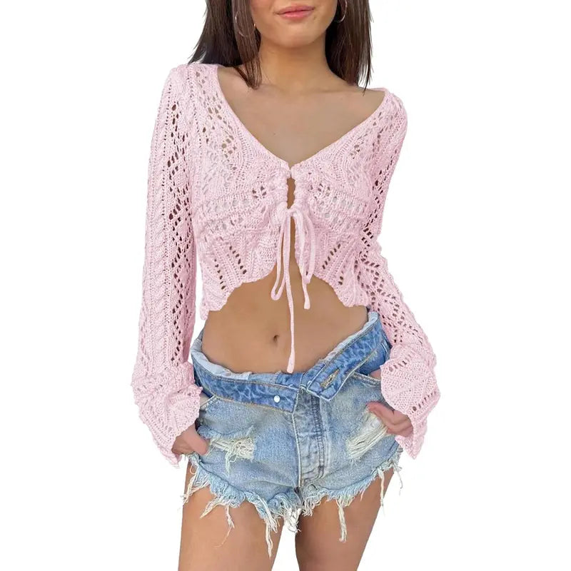 Distinctive Hollow Out Drawstring Flare Sleeve Cropped Top-Women