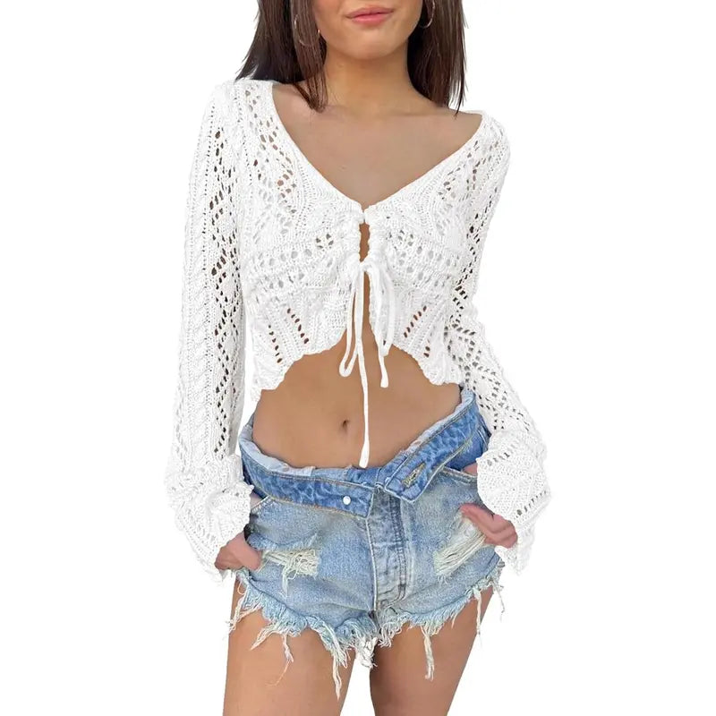 Distinctive Hollow Out Drawstring Flare Sleeve Cropped Top-Women
