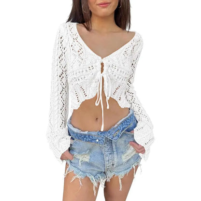 Distinctive Hollow Out Drawstring Flare Sleeve Cropped Top-Women