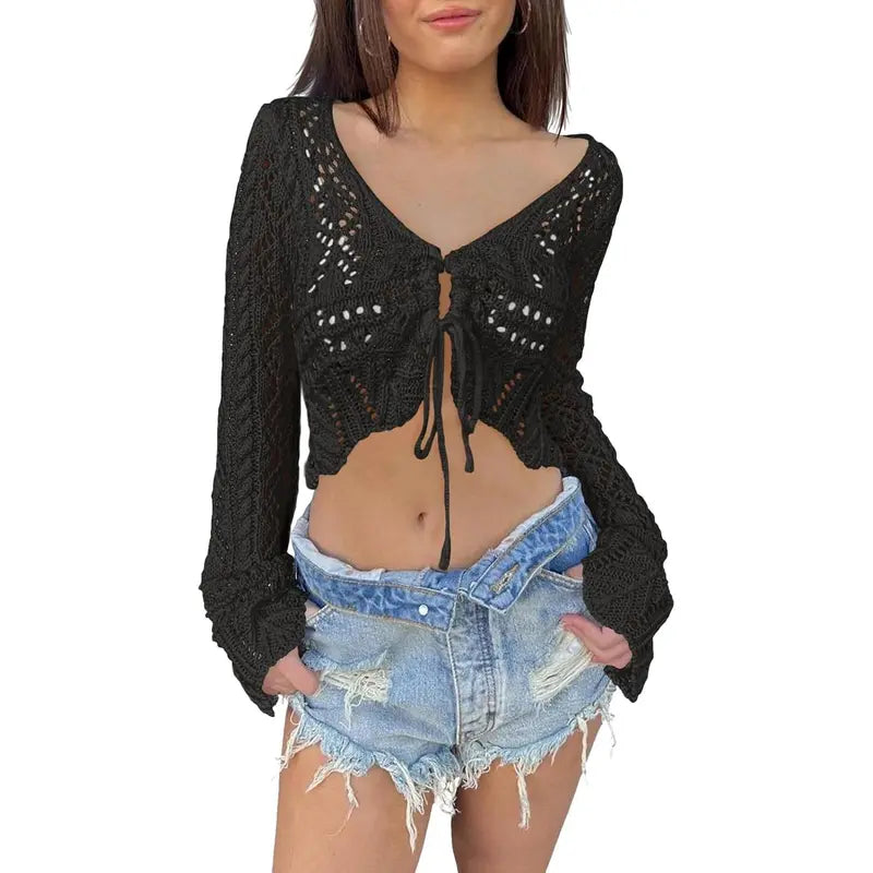 Distinctive Hollow Out Drawstring Flare Sleeve Cropped Top-Women