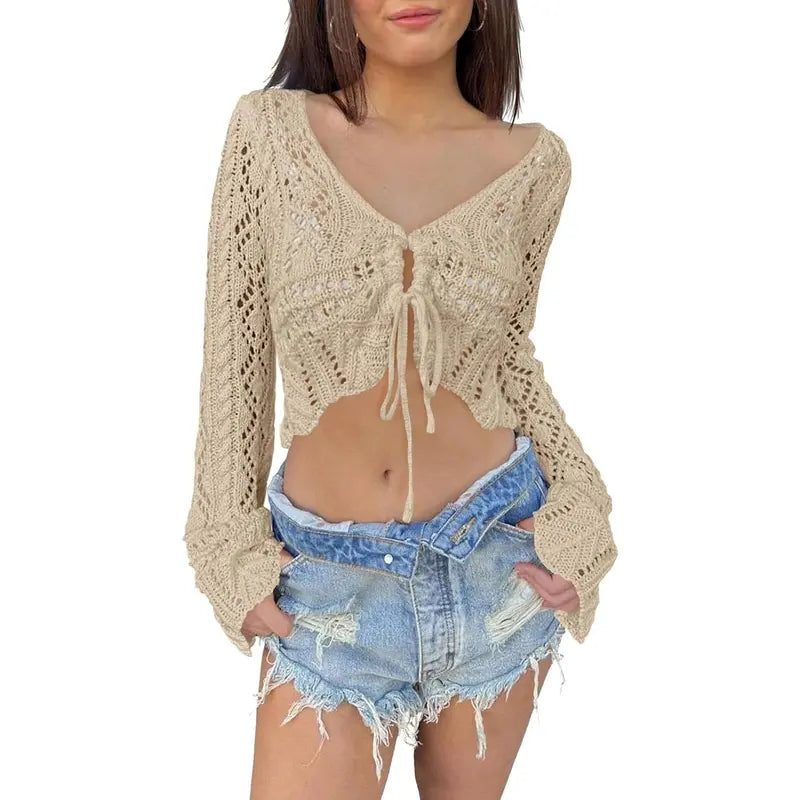 Distinctive Hollow Out Drawstring Flare Sleeve Cropped Top-Women