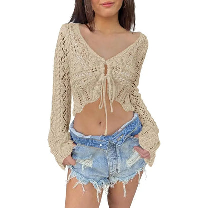 Distinctive Hollow Out Drawstring Flare Sleeve Cropped Top-Women