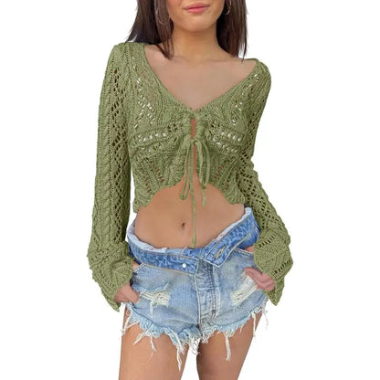 Distinctive Hollow Out Drawstring Flare Sleeve Cropped Top-Women