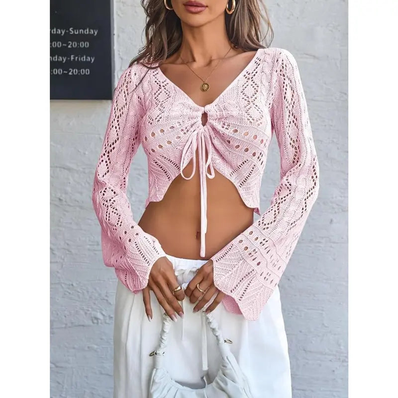 Distinctive Hollow Out Drawstring Flare Sleeve Cropped Top-Women
