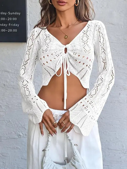 Distinctive Hollow Out Drawstring Flare Sleeve Cropped Top-Women