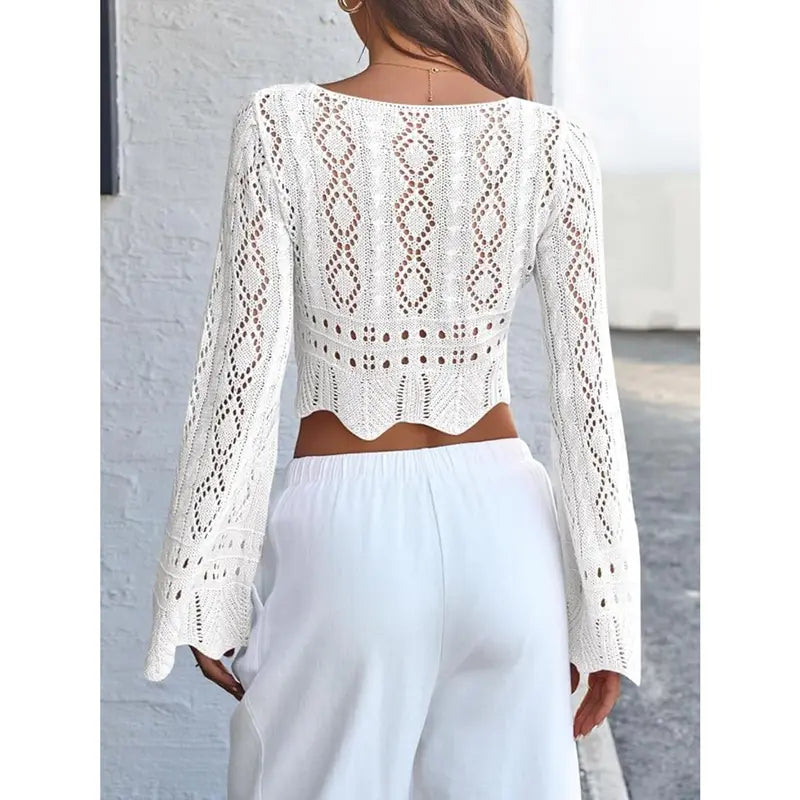Distinctive Hollow Out Drawstring Flare Sleeve Cropped Top-Women